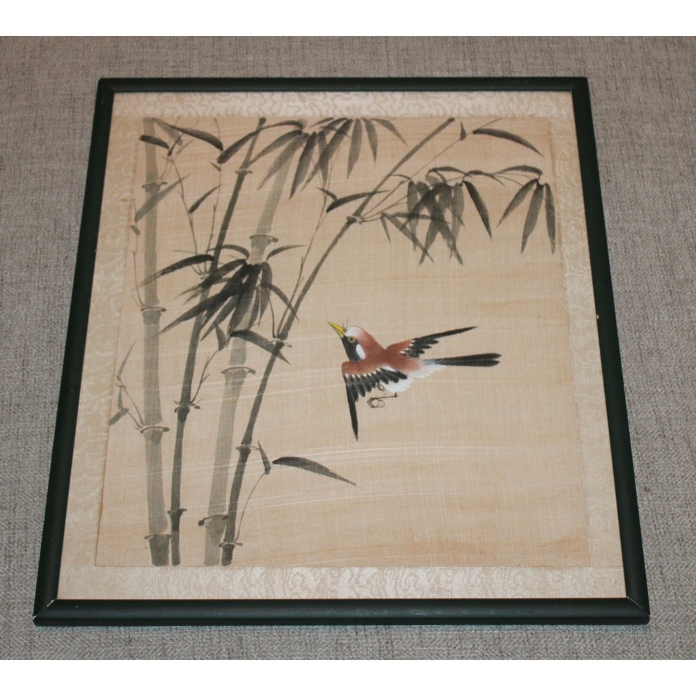 vintage Asian framed Painting on Silk bird bamboo art 16x14 unsigned